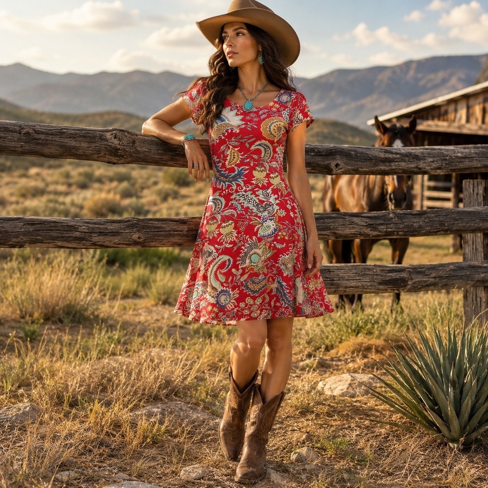 Chaps Denim Red Paisley Floral Cotton Knit Short Sleeve Fit Flare Dress Medium
